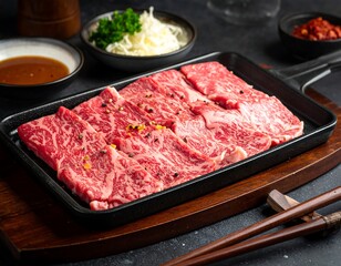 Raw beef slices on a hot plate, ready to cook