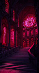 Mysterious dimly lit gothic cathedral interior with vibrant pink stained glass windows