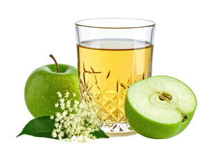 Refreshing beverage in a crystal glass, accompanied by green apples and flowers