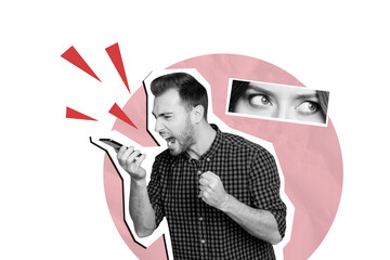 Composite trend artwork image photo collage of young man business bossy hold phone call scream furry bad mood fired lady eyes watch