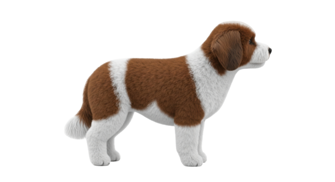 Isolated friendly cute pet dog with brown and white fur standing profile view pose