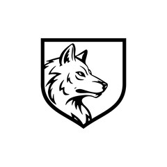 A powerful black and white line art illustration of a wolf head profile inside a heraldic shield emblem.