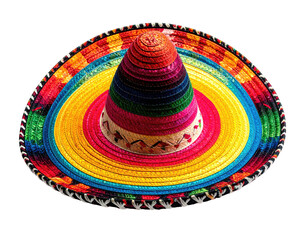 A colorful, wide-brimmed, traditional straw hat, brightly lit, with bold bands