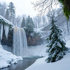 Spectacular frozen waterfall adorned with natural ice lights and evergreen pine garlands, hidden deep within a snowy forest, creating a breathtaking winter wonderland filled with festive beauty