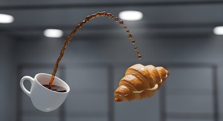 In a zero-gravity scene, a coffee cup pours a stream of liquid upwards towards a suspended croissant.

A