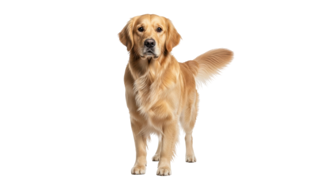 Isolated Golden Retriever standing facing forward looking at camera with tail raised