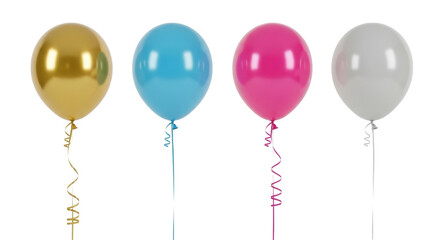 Isolated Four balloons in gold, light blue, magenta and silver color floating for decoration