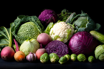 A diverse collection of fresh, healthy vegetables including various cabbages, cauliflower, brussels sprouts, radishes, and garlic, presented on a dark background