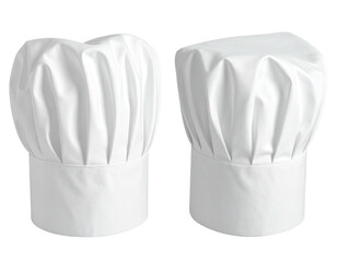 Two crisp, white, folded chef's hats, side-by-side, against a transparent backdrop
