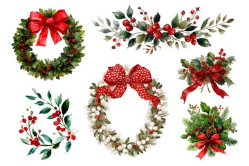 Set of Christmas green frames and watercolor decor. Watercolor Christmas tree wreath, holly branch frames and Christmas bouquets. Green elements for Christmas and New Year designs.