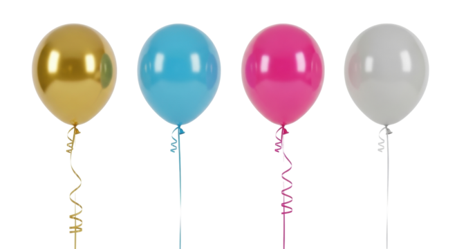 Isolated Four balloons in gold, light blue, magenta and silver color floating for decoration