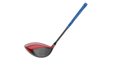 Isolated red and black golf driver for teeing off on course against a clear backdrop view