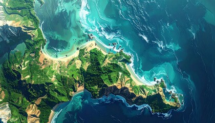 Rising sea levels coastal map, top-down satellite view