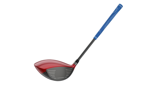 Isolated red and black golf driver for teeing off on course against a clear backdrop view