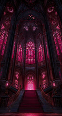 Dramatic red light illuminates grand gothic cathedral interior with stained glass windows