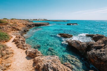 Fototapeta premium Serene Coastal Landscape Featuring Rocky Shoreline and Crystal Clear Blue Waters Under a Bright Sky on a Sunny Day in a Mediterranean Environment