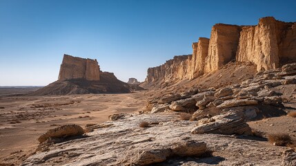 Desert landscape with eroded mesas under a clear blue sky, rocky foreground