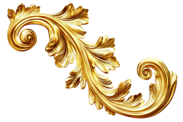 Golden ornate floral decoration with leaves, isolated on transparent cutout background