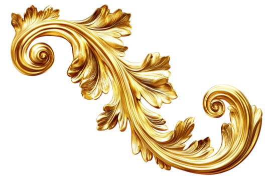 Golden ornate floral decoration with leaves, isolated on transparent cutout background - Powered by Adobe