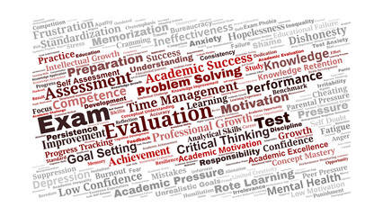 Exam Word Cloud. Positive And Negative Perspectives On Testing, Including Benefits For Learning, Growth, Accountability, And Challenges Such As Stress, Pressure, And Inequality.