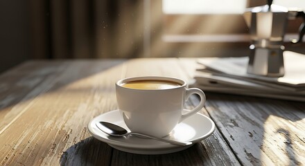 A white coffee cup and saucer with a spoon on a wooden table