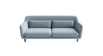 Isolated blue two-seater sofa with cushions against a light backdrop for digital designs