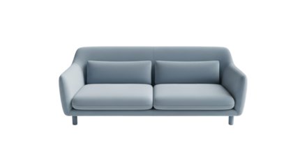Isolated blue two-seater sofa with cushions against a light backdrop for digital designs