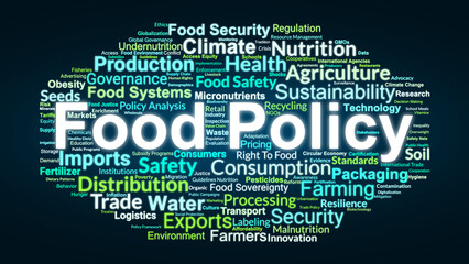 Food Policy Word Cloud. Key Concepts On Nutrition, Agriculture, Security, Safety, Sustainability, And Global Governance Of Food Systems.
