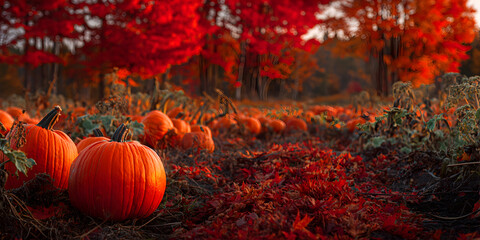 A field of ripe pumpkins in the foreground with a backdrop of trees displaying brilliant red and orange autumn foliage
