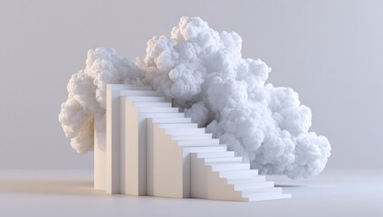 A minimalist, abstract composition features a set of white stairs rising towards a large, fluffy cloud formation, set against a neutral backdrop.