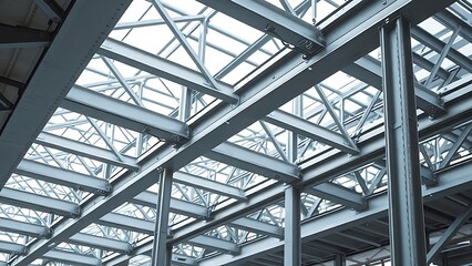 Industrial metal beams forming an abstract geometric composition in a construction setting with cool steel tones.