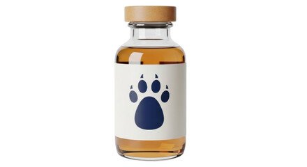 Isolated brown liquid bottle medicine container with pet paw print symbol and wooden cap