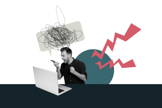 Composite artwork image photo collage of workspace office young man hold phone work laptop bossy scream angry bad mood mess speech cloud