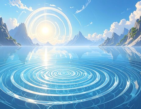 Serene landscape painting of a calm lake reflecting a bright sun and majestic mountains under a clear sky - Powered by Adobe