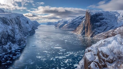 Snow-covered fjord vista with ice floes and steep cliffs under a cloudy sky