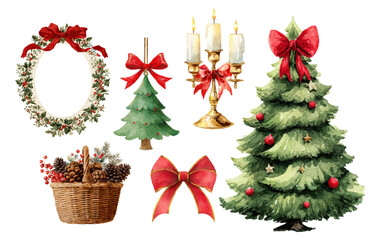 Set of Christmas vintage cliparts. Christmas tree, Christmas tree decorations, candlestick with candles, wreath with bow, basket with cones, etc. Retro Christmas decor.