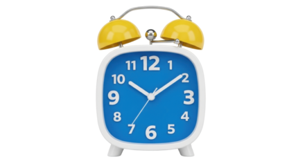 Isolated blue clock with yellow bells striking ten o'clock at ten past one in the morning