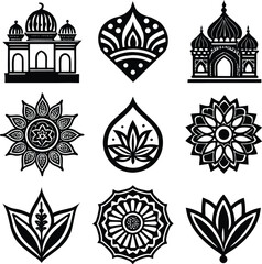 Collection of islamic mosque silhouettes and floral mandala decorative icons for spiritual and cultural designs
