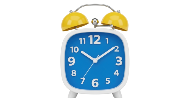 Isolated blue clock with yellow bells striking ten o'clock at ten past one in the morning