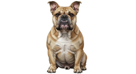 Isolated Bulldog sitting upright, a tan wrinkly dog with an adorable and endearing underbite