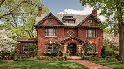 Victorian home with brick facade, lush landscaping