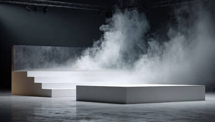 A modern, minimalist presentation platform, bathed in muted light and dramatic smoke, features a series of steps and a large square podium.