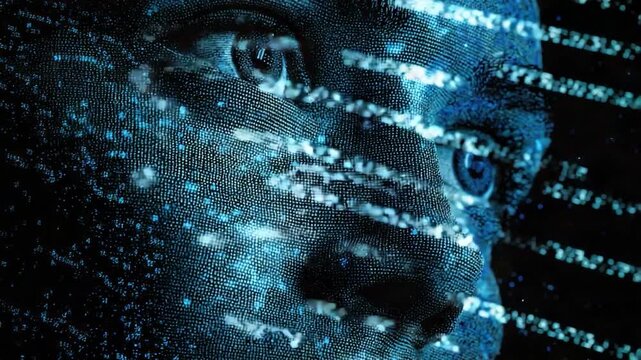 Digital Transformation: A close-up view captures a person's eye, overlaid with digital streams, symbolizing technology's immersive influence and transformation. Reflecting a futuristic fusion.
