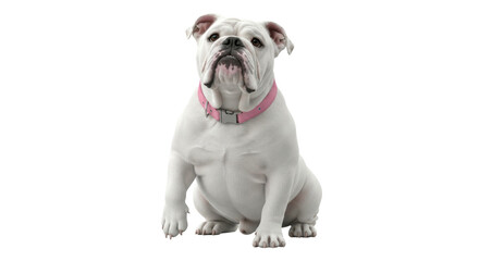Isolated bulldog with pink collar sitting and looking up attentively in studio light