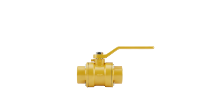 Isolated ball valve made of yellow metal with a lever on a light background for pipe system