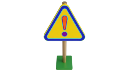 Isolated warning sign with exclamation point is set on a pole and stands on a green stand.