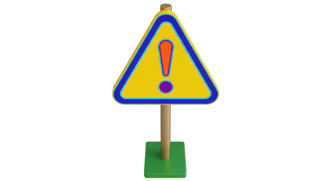 Isolated warning sign with exclamation point is set on a pole and stands on a green stand. - Powered by Adobe