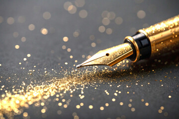 Close up of gold glitter stylus tip on dark surface background