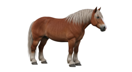 Isolated draft horse. Realistic brown horse, standing. Mammal on white. Animal studio shot