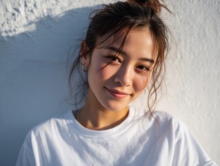 A woman wearing a white t-shirt smiles at the camera